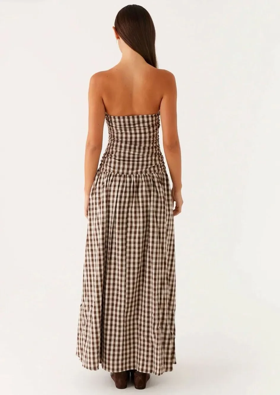 Peppermayo Carmel Strapless Maxi Dress in Brown Gingham Size 4